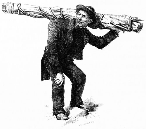 Der buckelige Tr&auml;ger Luc Meynet, Whympers Zelt auf den Schultern.